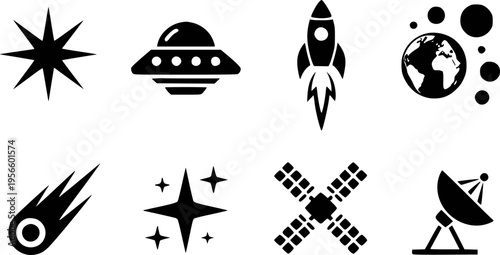 Black Space Featuring Rocket U F O Earth Satellite Comet Stars and Satellite Dish