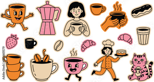 A cartoon illustration of various coffee related items and people enjoying coffee