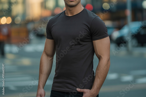 Confident Man in Black T-Shirt Standing on Urban Street with Blurred Background