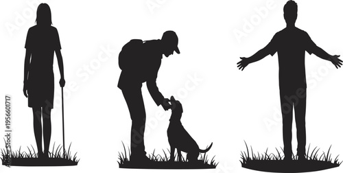 Human silhouettes outdoor activity illustration, man hiking, person with dog interaction, woman open arms, nature lifestyle concept isolated background