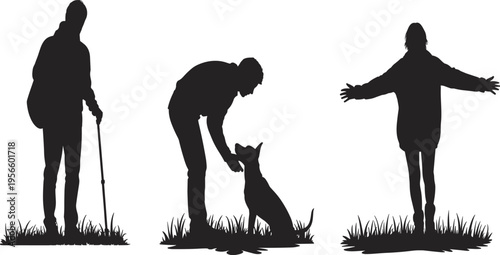 Human silhouettes outdoor activity illustration, man hiking, person with dog interaction, woman open arms, nature lifestyle concept isolated background