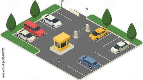 Isometric parking lot illustration, cars parked with security gate booth, urban transport concept, parking management system, modern city infrastructure design