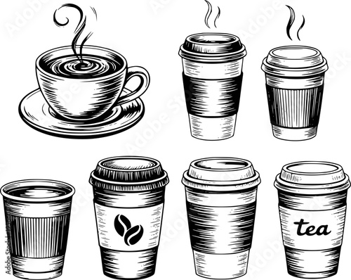 Collection of black and white hand drawn coffee and tea cups and to go containers