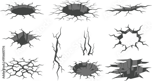 Collection of crack and fracture illustrations in various shapes and sizes