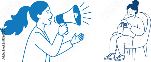 Illustration of a woman speaking through a megaphone to another woman sitting in a chair