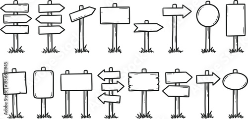 A collection of various blank directional and informational signposts on poles