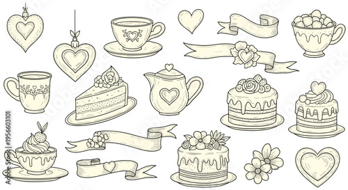 Whimsical tea party sweet treats illustrations in sepia line art on white background for bakery branding