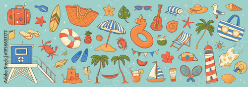 Summer and beach vacation themed doodles, cartoon elements, clip art collection for stickers, cards, prints, invitations, banners, social media visuals, posters, stationery