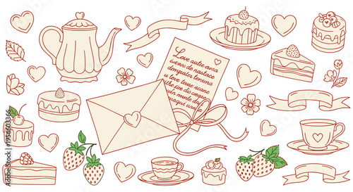 Whimsical tea party sweet treats and stationery in soft peach line art on white background for greeting card