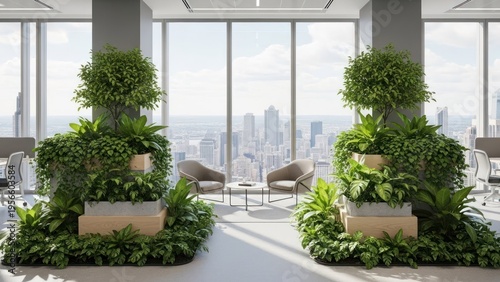 Modern office space with lush plants and city view