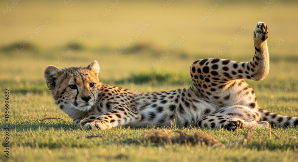 Fototapeta premium A cheetah lying on its side in a grassy field with one leg raised.