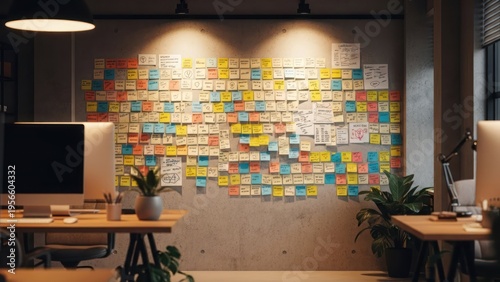 Office workspace featuring a wall covered in colorful sticky notes, near desks and computers
