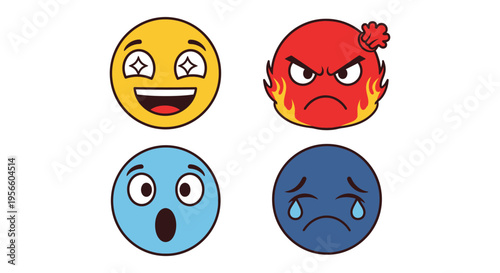 Four colorful cartoon emoji faces display a range of emotions including happiness anger surprise and sadness silhouette high quality professional detailed