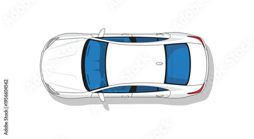 A top down view of a modern sedan with a blue roof and windows depicted as a clean silhouette high quality professional