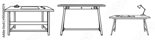 Architectural drafting table set with clean black line art on white background featuring drafting, design, geometry with studio and workspace