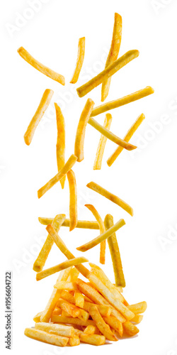 Crispy golden french fries dynamically falling and piling up, creating a delicious cascade of potato goodness, isolated on a clean white background, perfect for a tempting snack or fast food concept