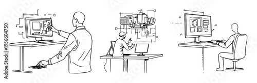 Person interacting with floating 3D interface set with abstract line art featuring futuristic workstation, digital UI, ergonomics with minimalism and white background