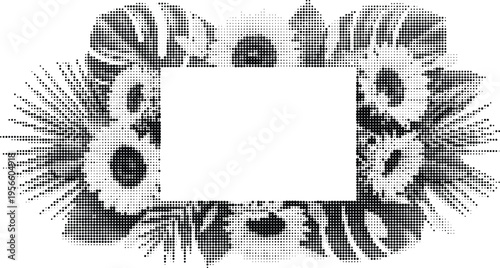 A black and white halftone floral frame with a central rectangular space for custom text insertion Vector