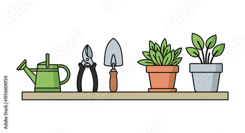 A colorful arrangement of gardening tools and plants displayed on a wooden shelf presented as a silhouette high quality professional detailed