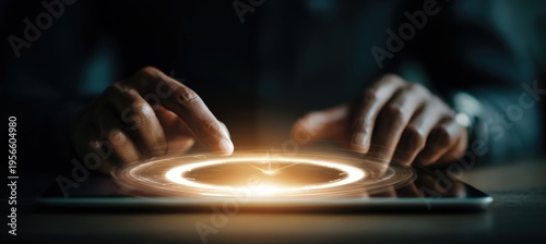 Hands holding tablet with glowing circular clock interface, rim lighting effect