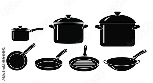 A collection of black cookware including pots pans and a wok presented in a striking silhouette high quality professional detailed modern