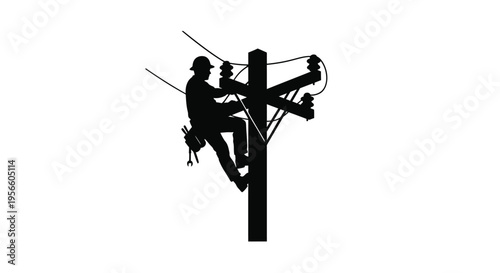 Lineman working on a utility pole silhouetted against a white background