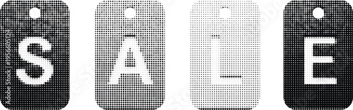 Four rounded rectangular tags displaying the word sale using a black and white halftone pattern Vector