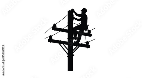 Silhouette of a lineman working on a utility pole against a white background