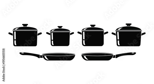 A collection of black cookware including pots pans and lids presented in a stark graphic silhouette high quality professional detailed modern
