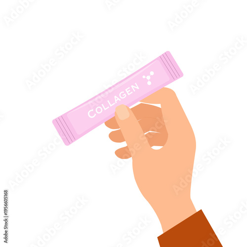hand holding collagen stick pack supplement, healthcare and nutrition concept