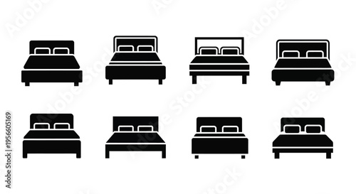 Black and white vector illustration of various bed frame designs