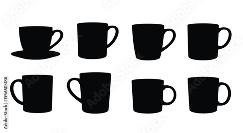 Black silhouette icons of various teacups and coffee mugs arranged neatly