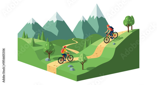 Two cyclists ride along a winding path through a mountainous landscape depicted in a flat colorful silhouette high quality professional detailed