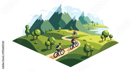 A winding path leads cyclists through a vibrant stylized landscape of mountains and forests a striking silhouette high quality professional detailed