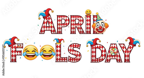 April fools day greeting with clown and laughing face emojis