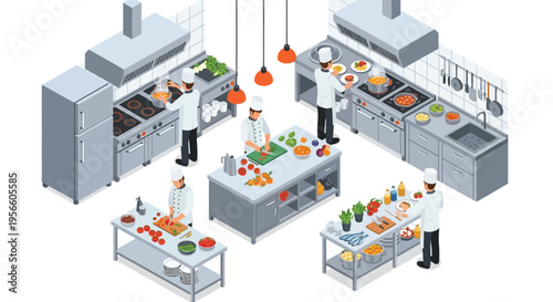 Isometric illustration of a busy commercial kitchen with chefs preparing food