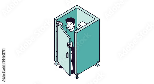 A distressed man appears to be trapped inside a teal public restroom stall exhibiting a feeling of confinement silhouette high quality