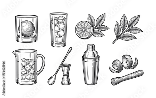 A set of vintage bartender tools for making cocktails. Hand drawn vector illustrations perfect for bar menus, restaurant branding, posters, and craft beverage design.