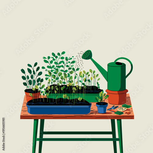 Minimalist Seedling Propagation Station Illustration
