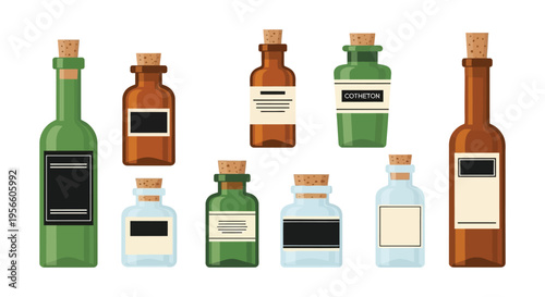 A collection of vintage glass bottles with cork stoppers and labels presented as a dark silhouette high quality professional detailed modern