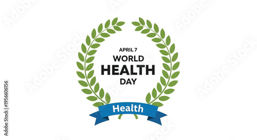 World health day emblem with laurel wreath and blue ribbon banner