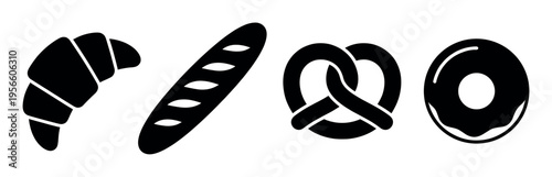 A simple set of black bakery icons. Includes a croissant, baguette, pretzel, and donut. Perfect vector glyphs for a bakery logo, cafe menu, or food app design.