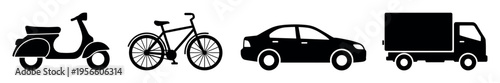 A set of black vehicle silhouettes: scooter, bicycle, car, and truck. Minimalist icon collection for web design, apps, and transportation or delivery service concepts.