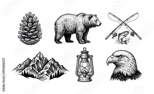 Set of hand drawn vintage outdoor adventure elements. Includes bear, eagle, mountain, and fishing icons for logo or emblem design. Retro engraving style vector illustrations.