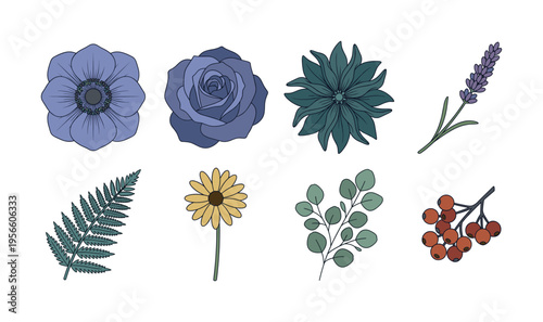 A set of hand-drawn botanical illustrations. This vector collection includes flowers, leaves, and berries for elegant design, branding, or invitation cards.