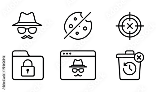 A set of minimal line icons for internet privacy and security. Includes incognito, cookie block, anti-tracking, and secure data symbols. Perfect for web design and UI/UX projects.