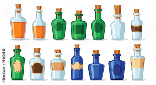 A colorful collection of glass bottles with cork stoppers is displayed against a plain white background silhouette high quality professional detailed