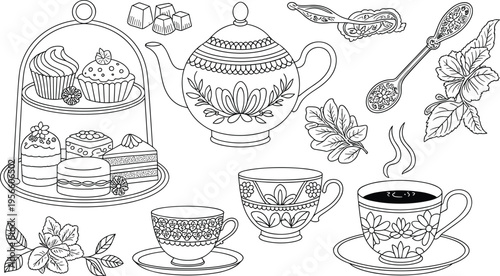 Elegant Tea Time Illustration: A charming black-and-white illustration of a quintessential tea time arrangement, featuring a teapot, cups, and assorted pastries.
