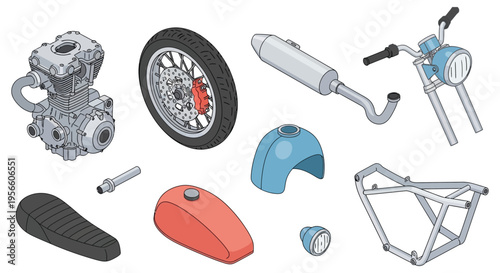Exploded view diagram showcasing disassembled motorcycle parts including engine wheel and frame a striking silhouette high quality professional detailed modern