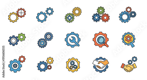 Colorful arrangement of gears tools and a handshake symbol